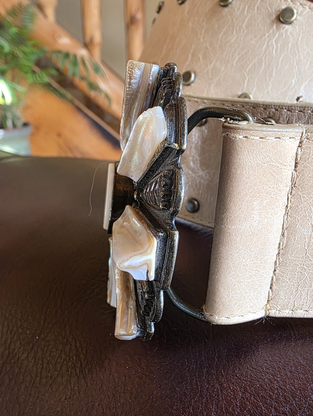 Another Line Sputhwestern Cream Leather Belt with Decorative Floral Buckle Large - Picture 2 of 10